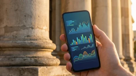 Stablecoins Banken FinTech 2026 - Smartphone mit Banking-Dashboard vor Bankgebaeude