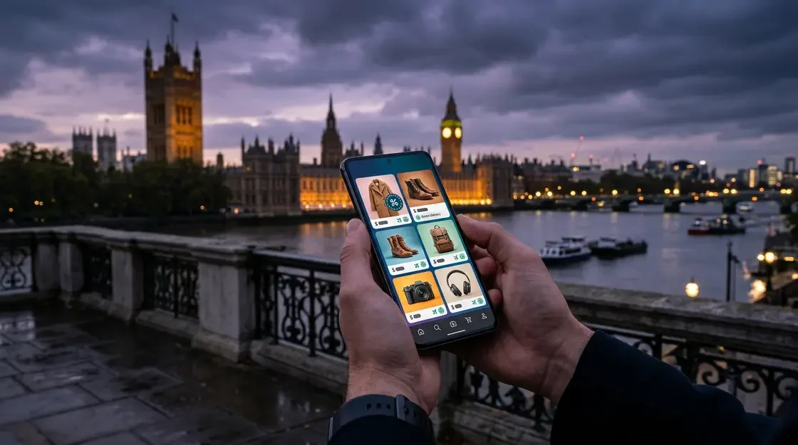 Temu Marktplatz, E-Commerce Expansion – Temu Marktplatz App auf Smartphone vor europäischer Stadtkulisse