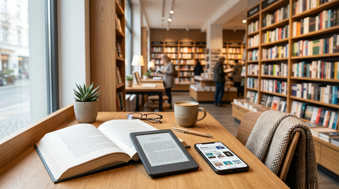 Redaktionelles Titelbild zum Thalia Online-Shop mit Buch und digitalem Lesen