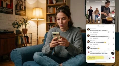 TikTok, KI-Moderation – Frau tippt TikTok-Kommentar und sieht KI-Moderation-Warnung auf dem Smartphone