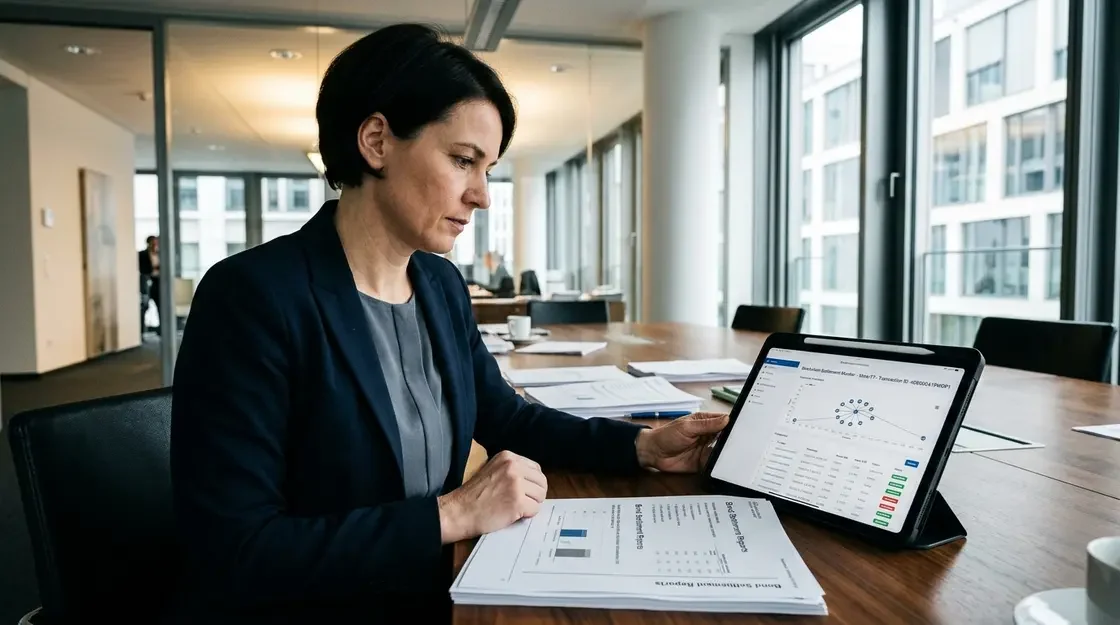 Tokenisierte Anleihen: DLT Settlement in der Bankpraxis Tokenisierte Anleihen, DLT Settlement – Bankanalystin prüft tokenisierte Anleihen und DLT-Settlement-Daten auf Tablet und Papierberichten