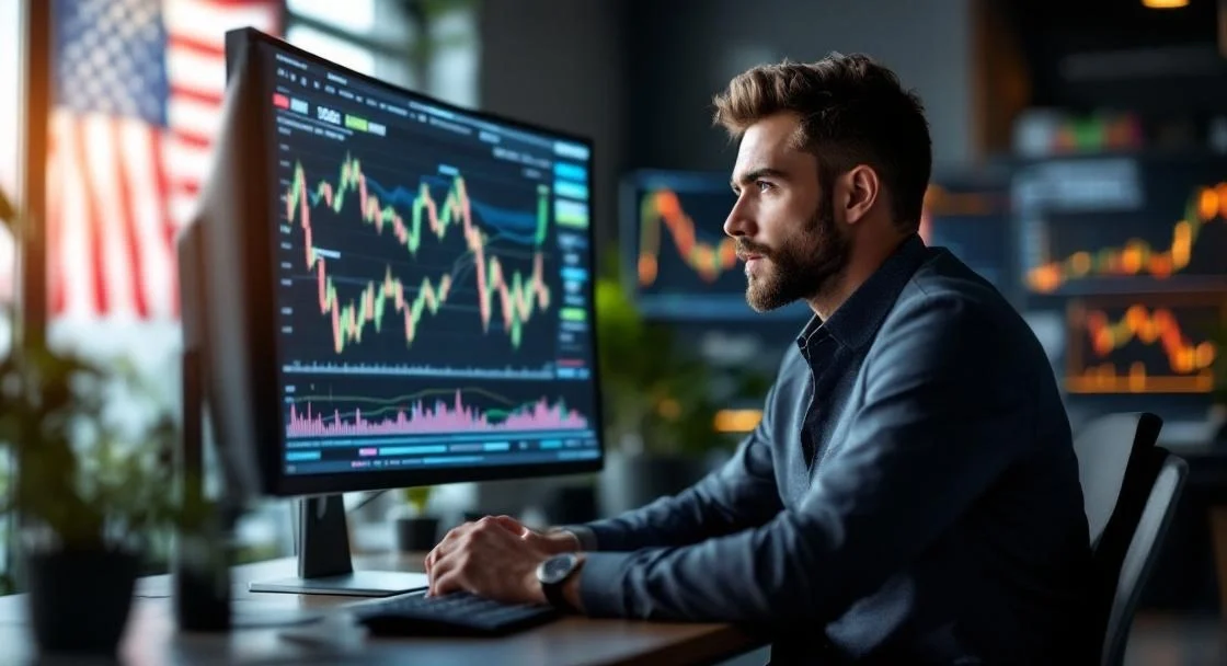 Bitcoin Anleger 2026: Analyse von Kryptowährungscharts mit US-Flagge im Hintergrund