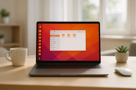 Ein Laptop mit einem Ubuntu 25.10 Betriebssystem-Desktop und einem geöffneten Dateimanager-Fenster, der auf einem Holztisch neben einer drahtlosen Maus und zwei kleinen Topfpflanzen steht.