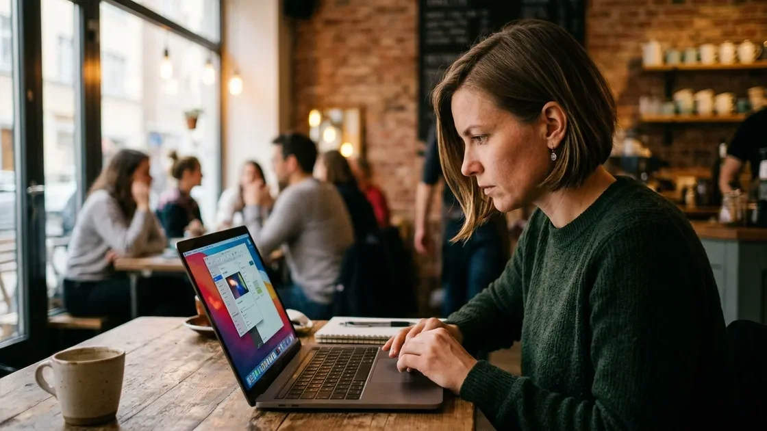 Person arbeitet sicher am Laptop im Cafe dank VPN-Verbindung