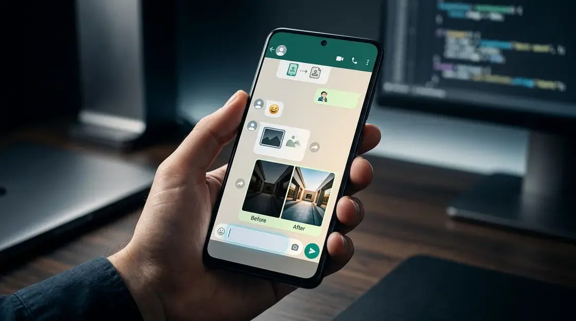 WhatsApp KI-Bildbearbeitung, Mobile AI-Editing – Smartphone mit WhatsApp KI-Bildbearbeitung und Chat-Prompt-Eingabe