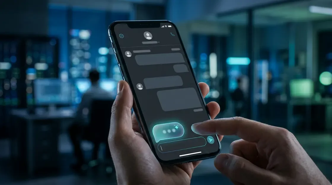WhatsApp KI, Mobile AI – Smartphone zeigt WhatsApp KI Schreibassistent mit KI-Vorschlag im Texteingabefeld