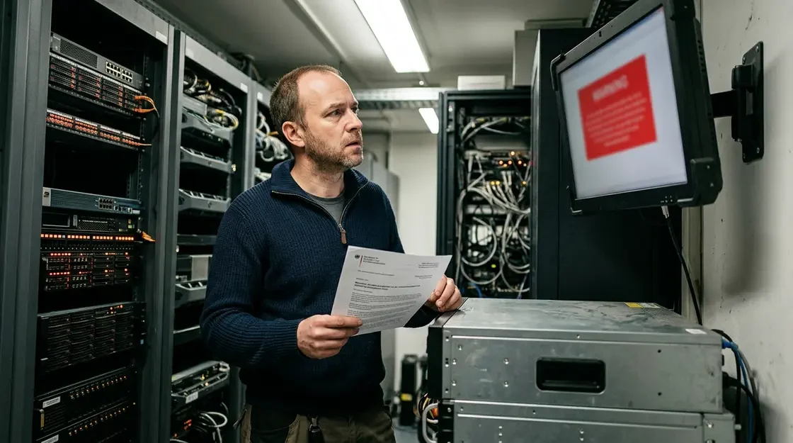 Zero-Day VPN, Code-Execution – IT-Administrator im Serverraum prüft Zero-Day VPN Sicherheitswarnung auf Monitor